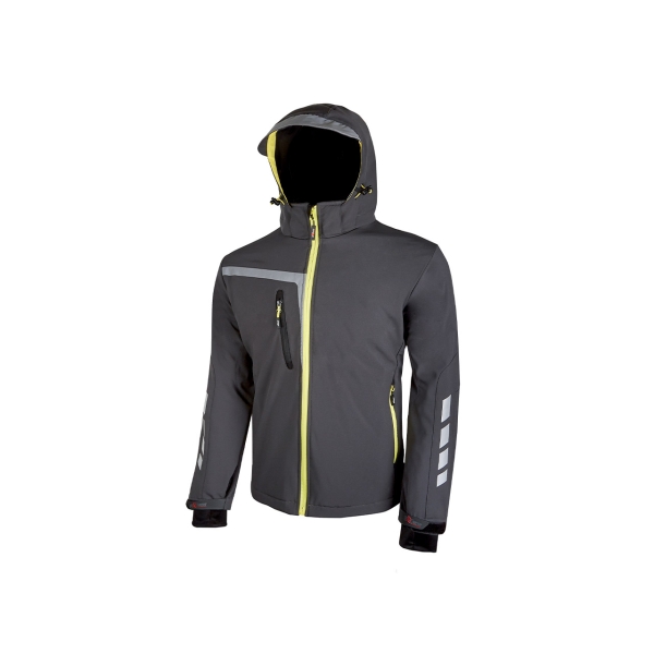 Upower Quick Chaqueta Soft Shell - Talla 2XL - Tejido Elastico Cortavientos y Repelente al Agua, Bolsillo Pecho con Cierre Impermeable, Capucha Ajustable, Detalles Reflectantes, Proteccion D