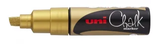 Uni-ball PWE-8K Marcador de Tiza Liquida - Punta Biselada 8mm - Borrado en Humedo - Resistente a la Lluvia y Exteriores - Color Oro · Pack de 6 uds.