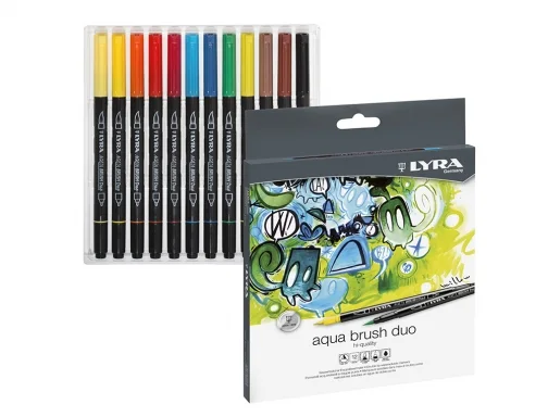 Lyra Aqua Brush Duo Pack 12 Rotuladores de Doble Punta - Punta Pincel 4mm, Punta Fina 2mm - Tinta Base de Agua - Colores Surtidos