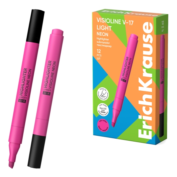 ErichKrause Visioline V-17 light Neon Marcador Fluorescente - Punta Biselada - Trazo de 0.6 a 3.0mm - Color Rosa · Pack de 12 uds.