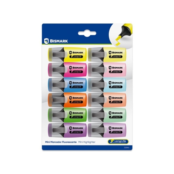 Bismark Long-Life Pack de 12 Mini Marcadores Fluorescentes - 6x Neon y 6x Pastel - Tinta de Secado Rapido - Punta Biselada - Ideal para Subrayar y Resaltar - Diseño Ergonomico - Alta Durabil