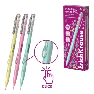 ErichKrause Pushfield Floral Soul Portaminas - Mina HB de 0.7mm - Pulsador Lateral - Colores Surtidos · Pack de 12 uds.