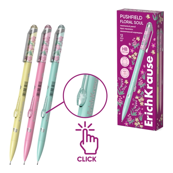 ErichKrause Pushfield Floral Soul Portaminas - Mina HB de 0.7mm - Pulsador Lateral - Colores Surtidos · Pack de 12 uds.