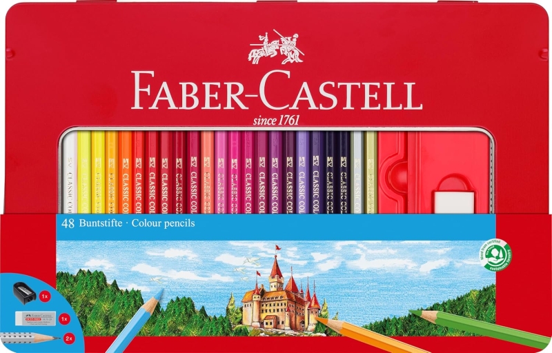 Faber-Castell Classic Colour Caja Metalica con 48 Lapices de Colores Hexagonales + 2 Lapices de Grafito, Goma de Borrar y Sacapuntas - Resistencia a la Rotura - Colores Surtidos