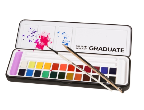 Daler Rowney Graduate Pack de 24 Acuarelas - Medio Godets - Incluye Pincel y Lapiz - Colores Surtidos