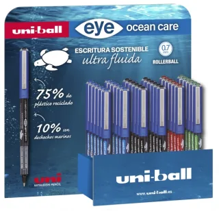 Uni-ball Eye Ocean Care UB-1570ROP Expositor de 36 Boligrafos de Tinta Liquida - Punta de Bola 0.7mm - Trazo 0.5mm - Tinta Pigmentada Resistente al Agua y Luz - Color Surtido · Pack de 36 ud