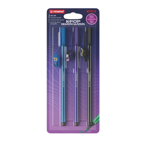 Stabilo Pen 68 K-Pop Demon Hunter Pack con 3 Rotuladores de Punta de Fibra - Trazo de 1mm aprox. - Tinta con Base de Agua - Colores Surtidos