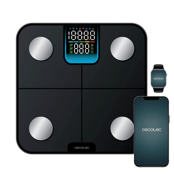 Cecotec Surface Precision HealthySmart Bascula Corporal hasta 180kg - Bluetooth 4.0 - Analisis Corporal Completo - Patas Antideslizantes - Funcion Bebe - Cristal Templado - LCD - 310x310mm -
