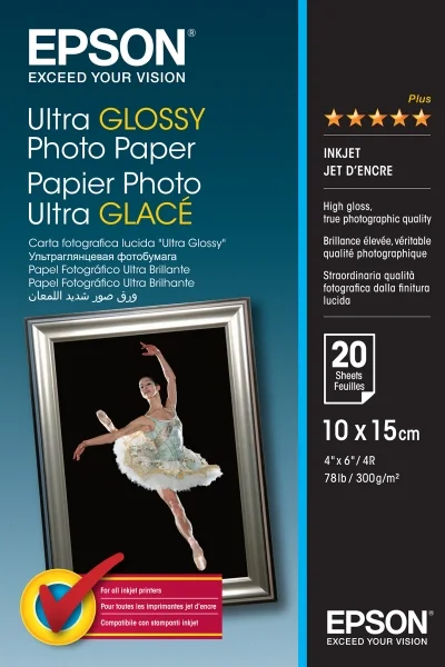 Epson Ultra Glossy Photo Pack de 20 Hojas de Papel Fotografico - 10x15cm - Gramaje de 300g/m2 - Acabado Brillante - Compatible con Impresoras Inkjet - Color Blanco