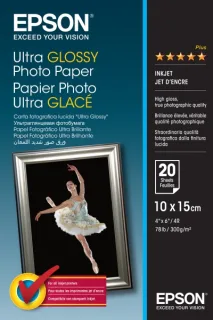 Epson Ultra Glossy Photo Pack de 20 Hojas de Papel Fotografico - 10x15cm - Gramaje de 300g/m2 - Acabado Brillante - Compatible con Impresoras Inkjet - Color Blanco