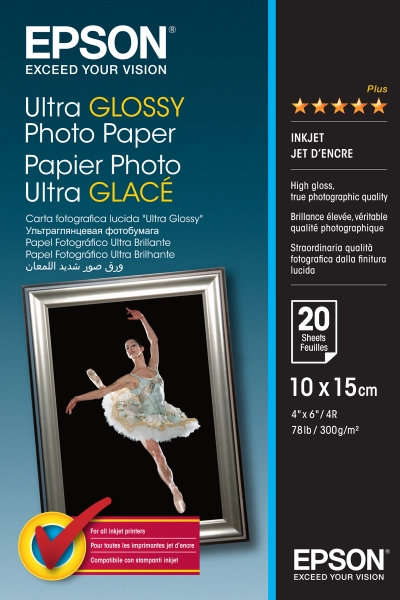 Epson Ultra Glossy Photo Pack de 20 Hojas de Papel Fotografico - 10x15cm - Gramaje de 300g/m2 - Acabado Brillante - Compatible con Impresoras Inkjet - Color Blanco