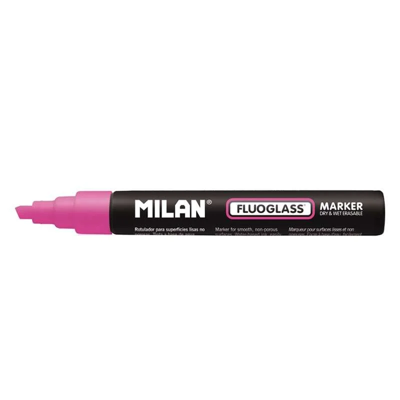 Milan Fluoglass Rotulador Superficies Lisas - Punta Biselada - Trazo de 2 - 4mm - Tinta al Agua - Borrado Facil - Color Rosa · Pack de 12 uds.