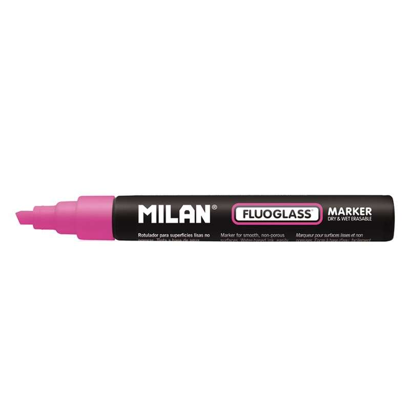 Milan Fluoglass Rotulador Superficies Lisas - Punta Biselada - Trazo de 2 - 4mm - Tinta al Agua - Borrado Facil - Color Rosa · Pack de 12 uds.