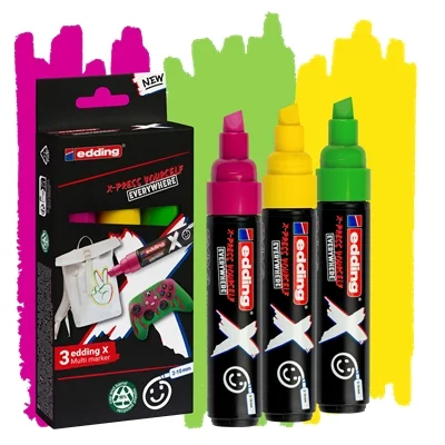 Edding X 6900 Caramelo Pack de 3 Rotuladores Multisuperficie Permanentes de Tinta Opaca - Punta Biselada con Trazo 2-10mm - Color Amarillo, Verde y Magenta