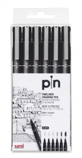 Uni-ball Uni Pin Pack de 6 Rotuladores Calibrados 0.03, 0.05, 0.1, 0.3, 0.5, 0.8 - Punta Poliacetal - Tinta Pigmentada Resistente al Agua y Luz - Ideal para Dibujo Profesional y Escritura -