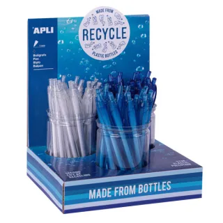 Apli Boligrafo Ecologico - Punta de 1mm - Fabricado con 80% Pet Reciclado - Expositor con 36 Unidades en 3 Colores · Pack de 36 uds.