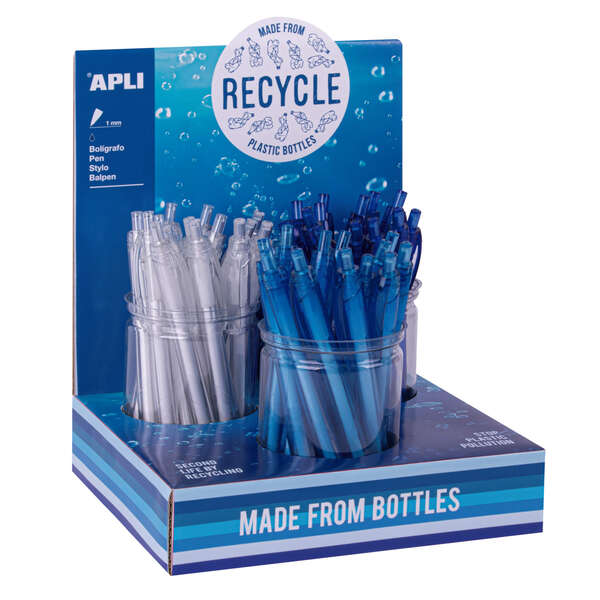 Apli Boligrafo Ecologico - Punta de 1mm - Fabricado con 80% Pet Reciclado - Expositor con 36 Unidades en 3 Colores · Pack de 36 uds.