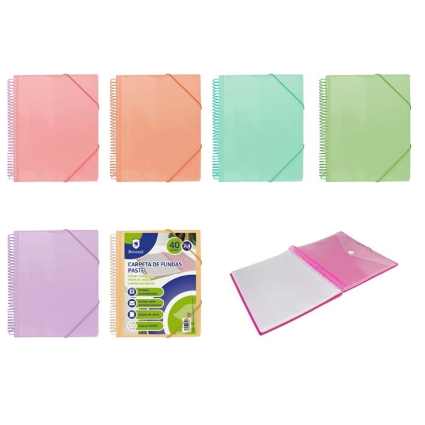 Bismark Carpeta Espiral 40 Fundas Transparentes - Polipropileno - Tamaño A4 - Espiral Plastica Indeformable - Apertura 360 Grados - Cierre con Gomas - Colores Pastel Surtidos · Pack de 6 uds.