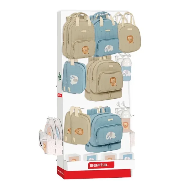 Safta Expositor con 10 Ganchos para Mochilas - Carton Reciclado - 650x280x1580mm - Colores Surtidos