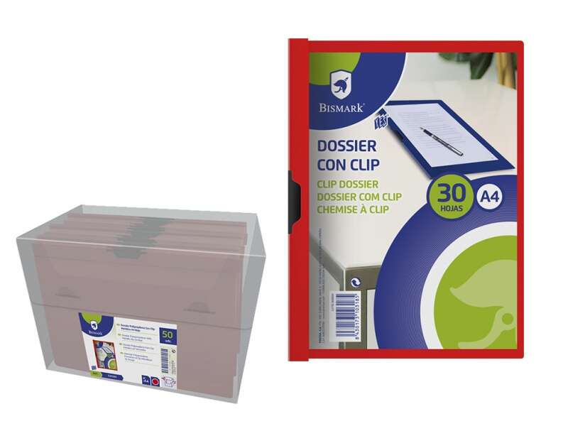 Bismark Dossier para 30 Hojas A4 con Clip Metalico Lateral - Polipropileno Transparente - Color Rojo · Pack de 5 uds.