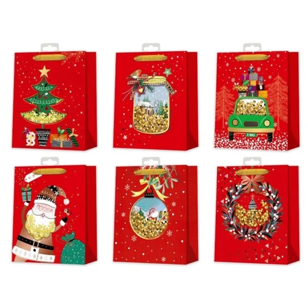 Bismark Bolsa de Papel Navidad Roja - Impresion Foil y Confetti - 6 Diseños Diferentes · Pack de 12 uds.