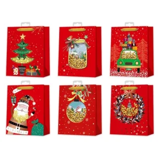 Bismark Bolsa de Papel Navidad Roja - Impresion Foil y Confetti - 6 Diseños Diferentes · Pack de 12 uds.