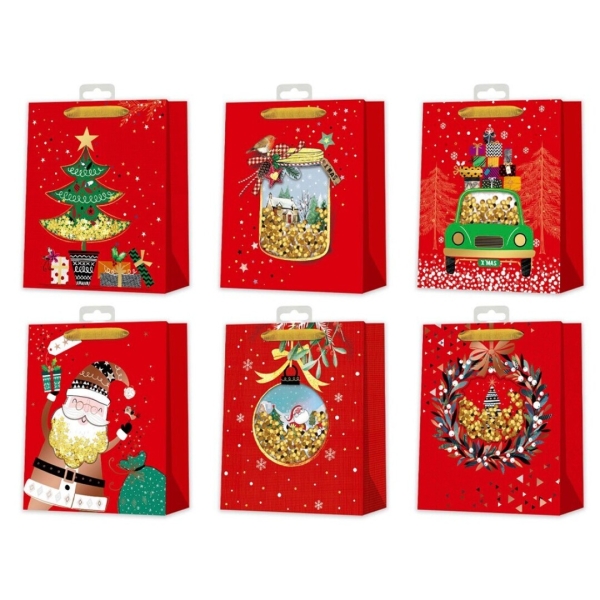 Bismark Bolsa de Papel Navidad Roja - Impresion Foil y Confetti - 6 Diseños Diferentes · Pack de 12 uds.