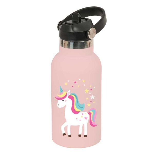 Safta Unicornio Botella Isotermica Infantil - Capacidad 350ml - Tapon Roscado con Valvula - Base de Silicona - Asa Superior - Acero Inoxidable - 12h Caliente - 24h Frio - 19.5x7.3cm - Color