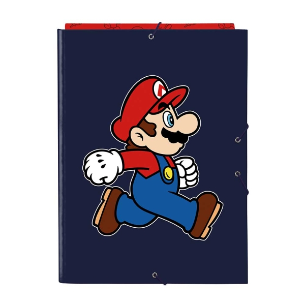 Safta Super Mario Trick Carpeta de 3 Solapas - Formato Folio - Cierre con Gomas Elasticas - Tapas Duras Forradas - 26x33.5x2.5cm - Color Azul Marino