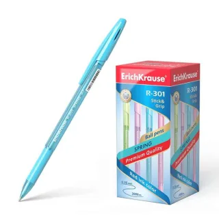 Erichkrause Boligrafo R-301 Spring Stick&Grip 0.7 - Cuerpo Hexagonal Translucido - Zona de Agarre de Goma Contorneada - Punta de 0.7mm - Tinta de Secado Rapido - Color Azul · Pack de 50 uds.