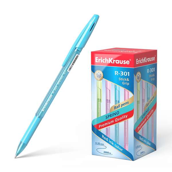 Erichkrause Boligrafo R-301 Spring Stick&Grip 0.7 - Cuerpo Hexagonal Translucido - Zona de Agarre de Goma Contorneada - Punta de 0.7mm - Tinta de Secado Rapido - Color Azul · Pack de 50 uds.