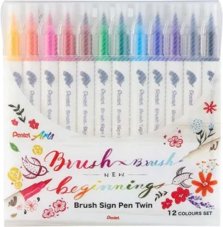 Pentel Brush Sing Pen Twin Pack de 12 Rotuladores con Doble Punta de Pincel Flexible - Punta Ancha 1-4mm, Punta Fina 0,2-2mm - Colores Surtidos