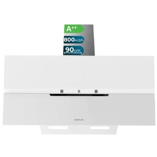 Cecotec Bolero Flux DT 908010 Glass White A++ Campana Extractora de 90cm - 210W - Succion 800m3/h - Luz LED - Pantalla LED - Incluye Accesorios - Filtros de Carbono Incluidos - Color Blanco