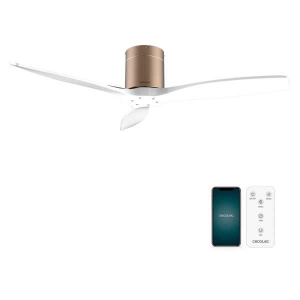 Cecotec EnergySilence Aero 5500 Aqua GoldWhite Connected Ventilador de Techo de 3 Aspas - 40W - Diametro de 52" - WiFi y Mando a Distancia - IP44 - Temporizador - Modo Invierno - Color Blanc