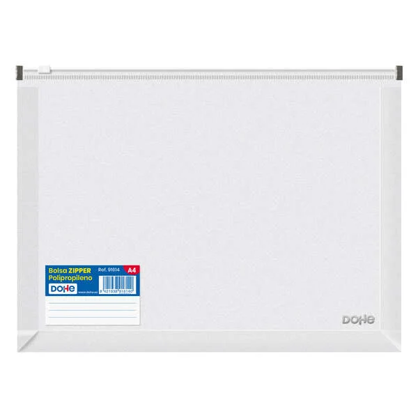 Dohe Bolsa Zipper Apaisada de Polipropileno Transparente - 180 Micras - Cierre Zip Hermetico Blanco - Lomo Expansible 30mm - Etiqueta Frontal · Pack de 12 uds.