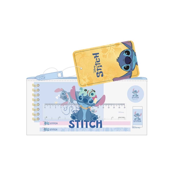 Safta Stitch Portatodo - Cremallera - PVC - Regla de 15cm - 2 Lapices - Sacapuntas - Goma - Bloc de Notas de 70 Hojas - 22.5x10.5x1cm - Color Azul y Transparente