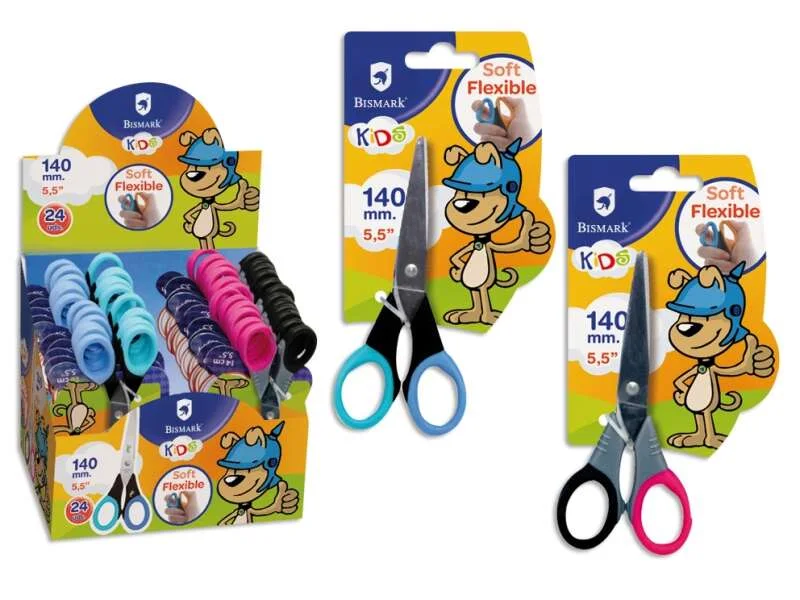 Bismark Kids Soft Flex Tijera Escolar 14cm - Hojas de Acero Inoxidable - Mangos Soft Flex - Punta Roma - 2 Diseños Surtidos · Pack de 24 uds.