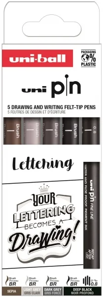 Uni-ball Uni Pin Lettering Pack de 5 Rotuladores Calibrados 0.8, y Brush - Punta Poliacetal - Tinta Pigmentada Resistente al Agua y Luz - Colores Negro, Gris y Sepia