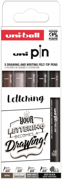 Uni-ball Uni Pin Lettering Pack de 5 Rotuladores Calibrados 0.8, y Brush - Punta Poliacetal - Tinta Pigmentada Resistente al Agua y Luz - Colores Negro, Gris y Sepia
