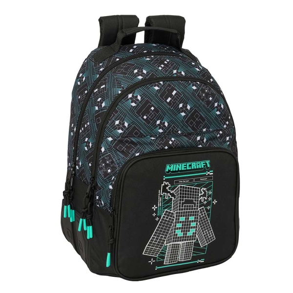 Safta Minecraft Screen Mochila - Adaptable a Carro - Bolsillo Frontal - Portabotellas - Cremallera con Doble Tirador - Asa de Mano - Hombreras y Espalda Acolchada - 32x42x15cm - Color Negro