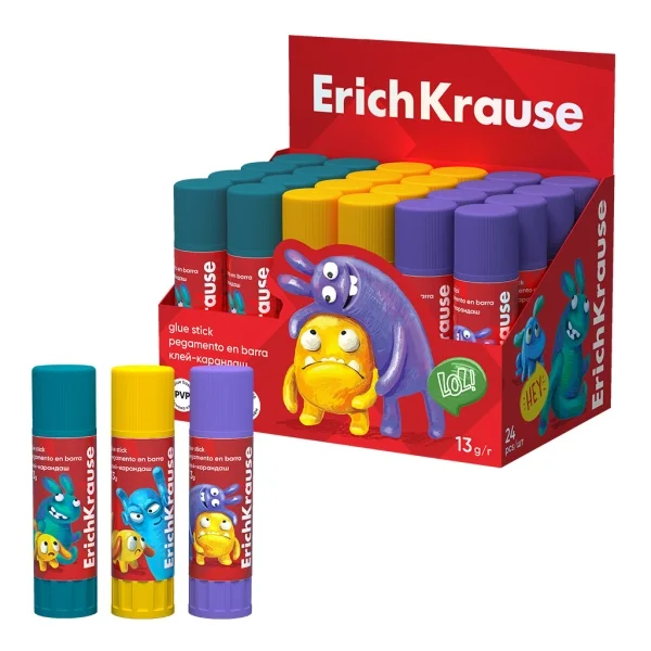 ErichKrause EasyStick Jolly Friends Expositor con 24 Pegamentos en Barra - 13g - Adhesion Fuerte - Multisuperficie - Color Blanco