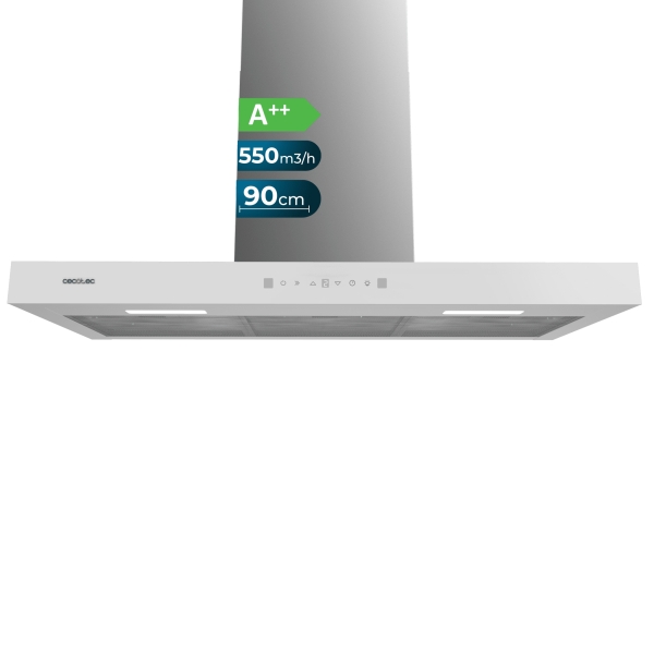 Cecotec Bolero Flux TT 905500 Glass White A++ Campana Extractora de 90cm - 70W - Succion 550m3/h - Luz LED - Pantalla LED - Incluye Accesorios - Filtros de Carbono Incluidos - Color Blanco