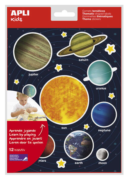 Apli Gomets Tematicos Sistema Solar - 240 Gomets en 12 Hojas - Adhesivo Removible - Ideal para Aprendizaje Visual y Habilidades Motoras - Adhesivo Base Agua - Libre de Disolventes - Coloridos · Pack de 5 uds.