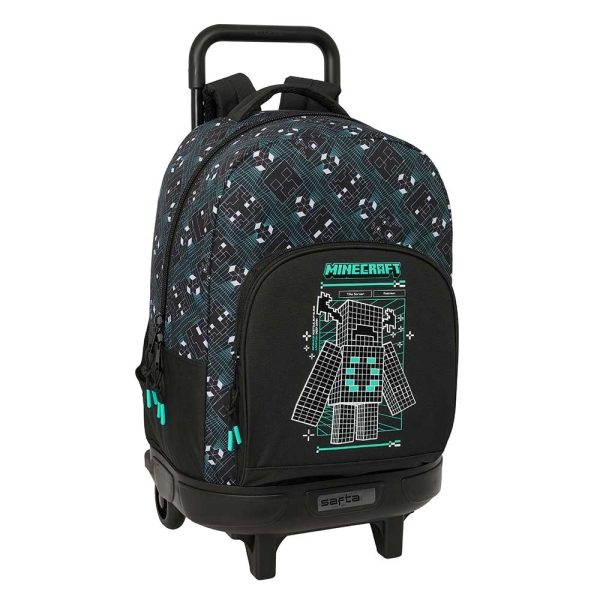 Safta Minecraft Screen Mochila con Carro - Extraible - 33L - Portabotellas - Tarjeta de Identificacion Personal - Cremallera con Doble Tirador - Asa de Mano - Bolsillo Frontal - 33x45x22cm - Color Negro