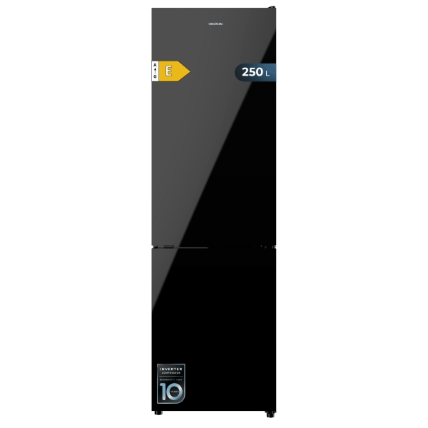 Cecotec Bolero CoolMarket Combi 250 Black Glass E Frigorifico Combi - Capacidad 250L - Puerta de Cristal - Frio Envolvente - Cajon Humedad Regulable - Clase E - 54x57.6x180cm - Color Negro