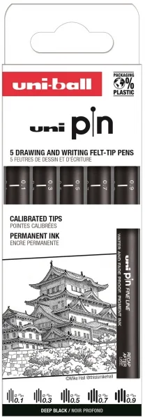 Uni-ball Uni Pin Clasico I Pack de 5 de Rotuladores Calibrados 0.1, 0.3, 0.5, 0.7 y 0.9 - Punta Poliacetal - Tinta Pigmentada Resistente al Agua y Luz - Color Negro