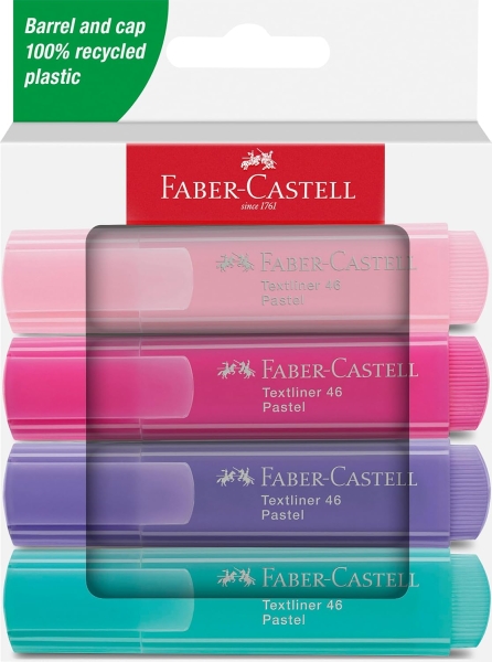 Faber-Castell Textliner 46 Pack de 4 Marcadores Pastel - Punta Biselada - Trazo entre 1mm y 5mm - Tinta con Base de Agua - Colores Pastel Surtidos