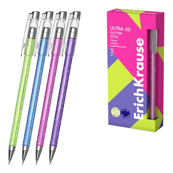 ErichKrause ULTRA-20 Stick Glitter Boligrafo con Capuchon - Modelos Surtidos - Trazo 0.26mm - Tinta de Baja Viscosidad - Tapa Ventilada - Color Azul · Pack de 12 uds.