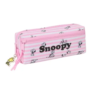 Safta Snoopy Portatodo - 3 Compartimentos con Cremallera - Goma Elastica - Compacto - 22x8.5x6cm - Color Rosa