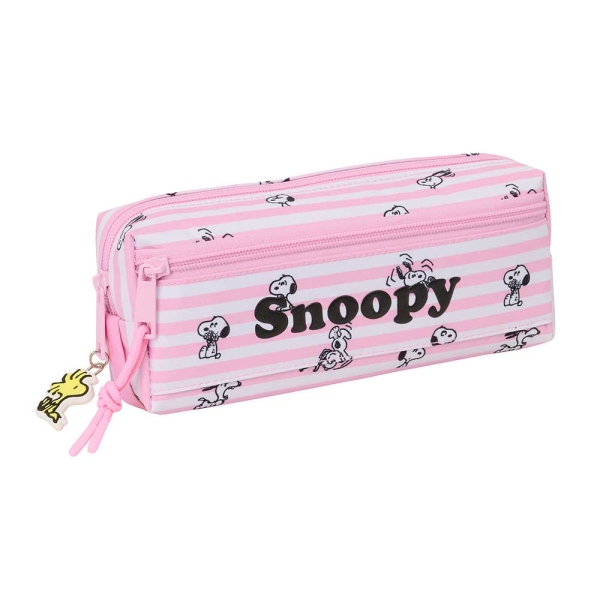 Safta Snoopy Portatodo - 3 Compartimentos con Cremallera - Goma Elastica - Compacto - 22x8.5x6cm - Color Rosa